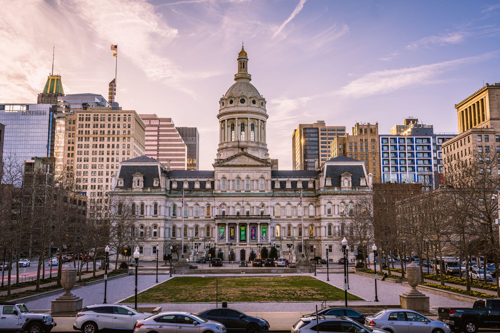 Baltimore City Hall and the surrounding downtown towers