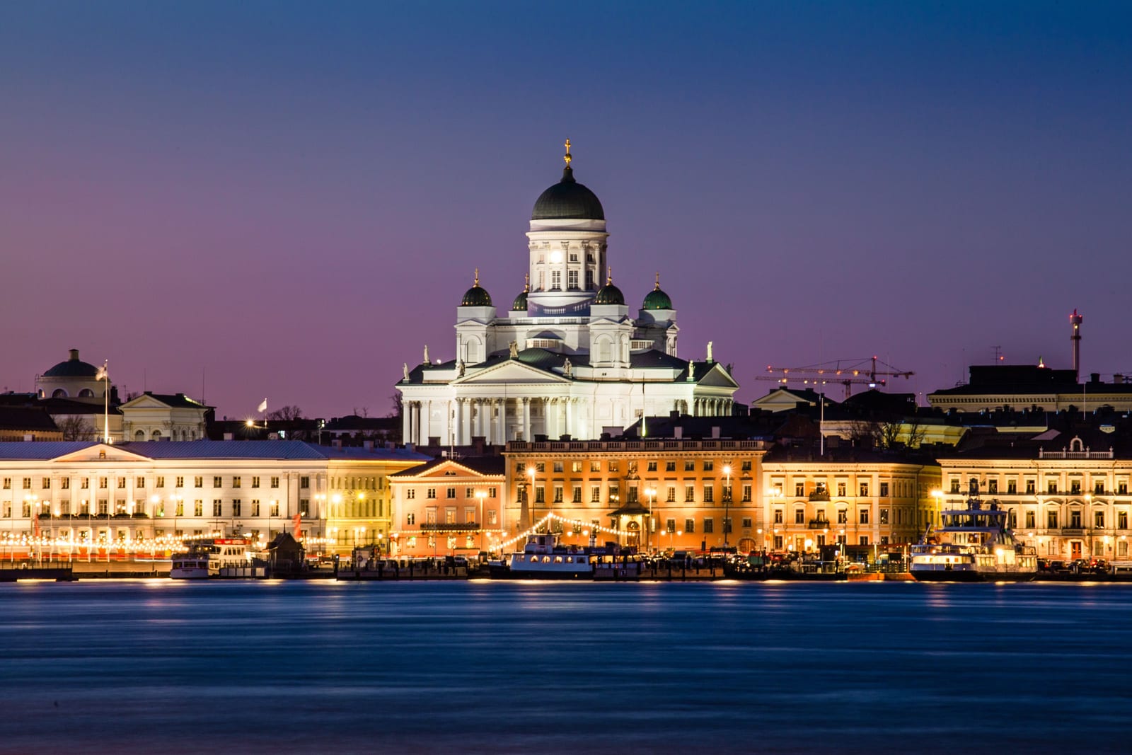 Helsinki Cathedral and the waterfront at dusk