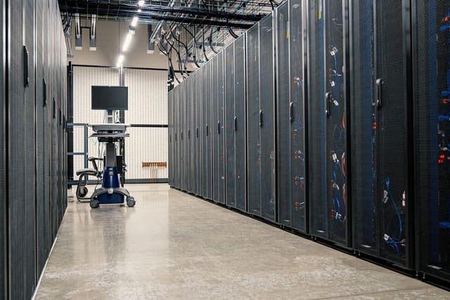 An aisle between rows of black mesh-door server racks in a data centre, with a computer cart and monitor at the far end. A generic photo, not of an Indian organisation.