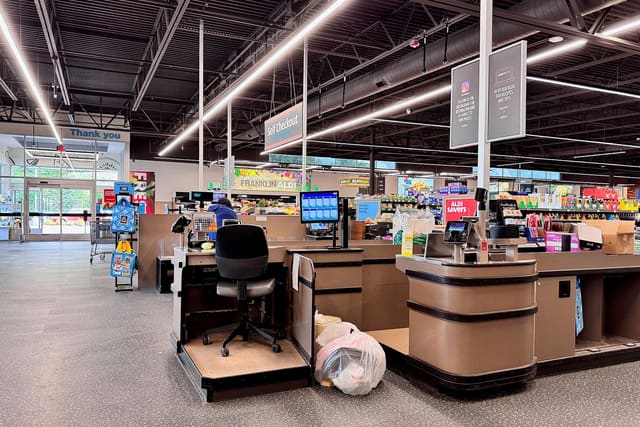 Checkout lanes in a supermarket