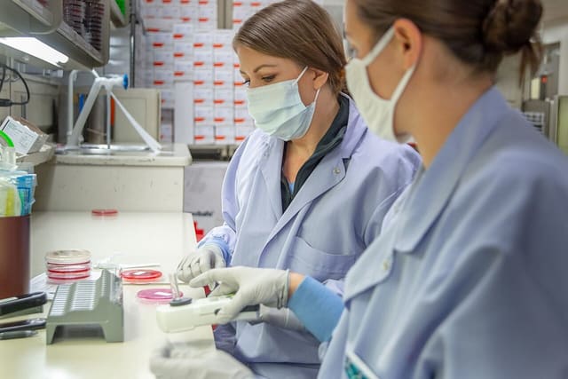 Laboratory staff in masks handling samples