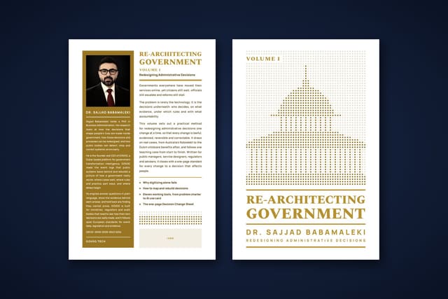 The back and front covers of Re-architecting Government, Volume I: the author's portrait and biography on the back, a dome drawn in gold dots above the title on the front