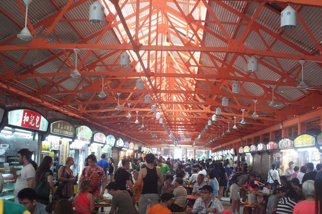 Lunchtime crowds at a Singapore hawker centre