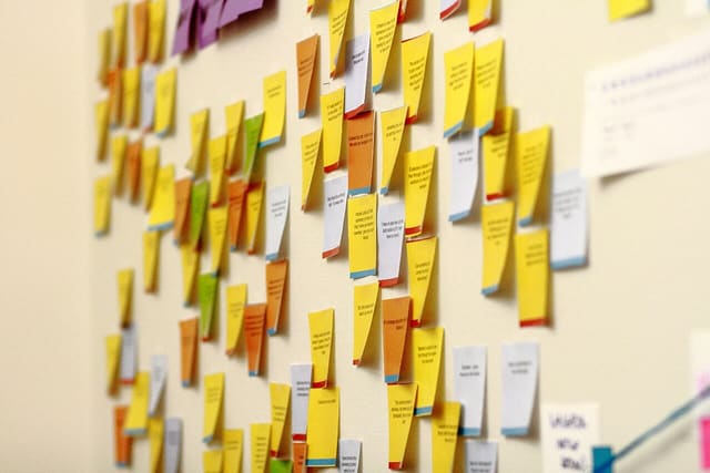 Sticky notes covering an office wall
