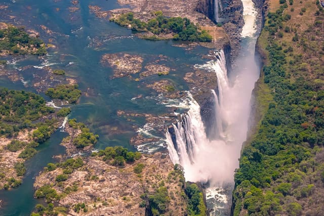Victoria Falls on the Zambezi, on the border of Zambia and Zimbabwe, seen from the air